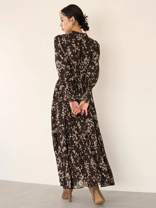 Sustainable Pleated Print Maxi Dress in Brown, Luxury Women's Dresses at SNIDEL USA