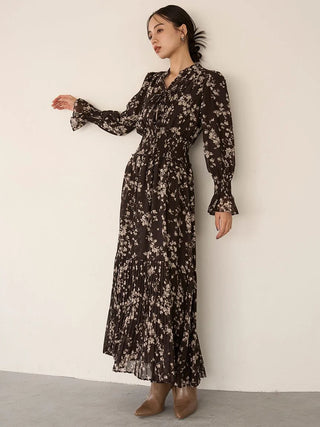 Sustainable Pleated Print Maxi Dress in Brown, Luxury Women's Dresses at SNIDEL USA