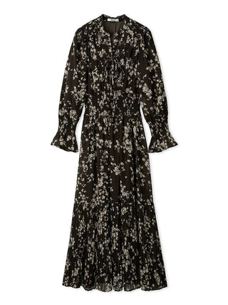 Sustainable Pleated Print Maxi Dress in Brown, Luxury Women's Dresses at SNIDEL USA