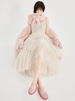 Pleated Tiered Tulle Dress in Light Pink, Luxury Women's Dresses at SNIDEL USA