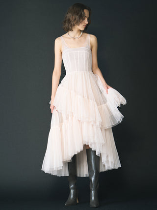 Pleated Tiered Tulle Dress in Light Pink, Luxury Women's Dresses at SNIDEL USA