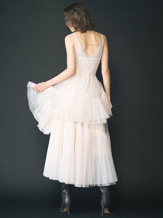 Pleated Tiered Tulle Dress in Light Pink, Luxury Women's Dresses at SNIDEL USA