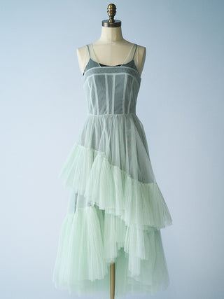 Pleated Tiered Tulle Dress in Light Mint, Luxury Women's Dresses at SNIDEL USA