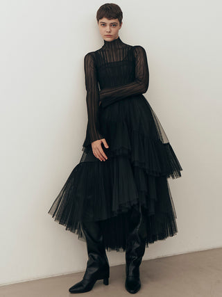 Pleated Tiered Tulle Dress in Light Black, Luxury Women's Dresses at SNIDEL USA