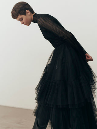 Pleated Tiered Tulle Dress in Light Black, Luxury Women's Dresses at SNIDEL USA