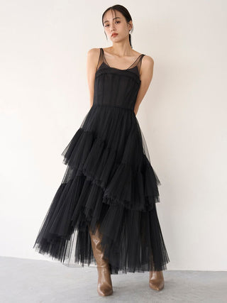 Pleated Tiered Tulle Dress in Light Black, Luxury Women's Dresses at SNIDEL USA