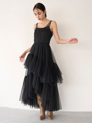 Pleated Tiered Tulle Dress in Light Black, Luxury Women's Dresses at SNIDEL USA