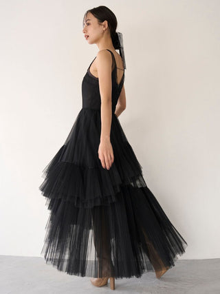 Pleated Tiered Tulle Dress in Light Black, Luxury Women's Dresses at SNIDEL USA