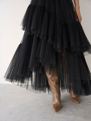 Pleated Tiered Tulle Dress in Light Black, Luxury Women's Dresses at SNIDEL USA