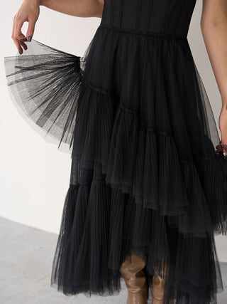 Pleated Tiered Tulle Dress in Light Black, Luxury Women's Dresses at SNIDEL USA