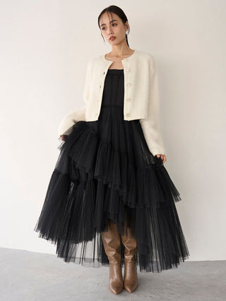 Pleated Tiered Tulle Dress in Light Black, Luxury Women's Dresses at SNIDEL USA