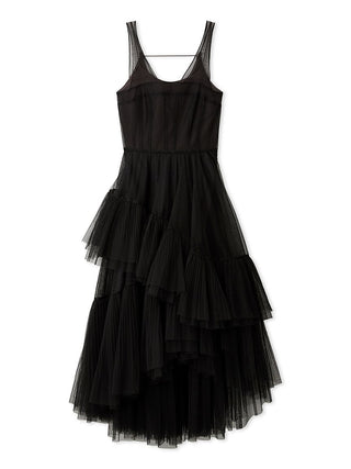 Pleated Tiered Tulle Dress in Light Black, Luxury Women's Dresses at SNIDEL USA