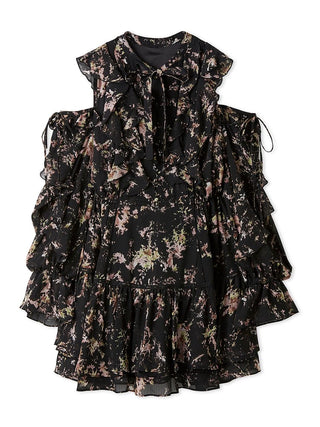 Printed Frill Mini Dress in Black, Luxury Women's Dresses at SNIDEL USA