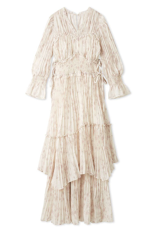 Boho-Inspired Ruffle Layered Maxi Dress in Light Beige, Luxury Women's Dresses at SNIDEL USA