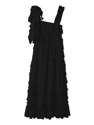 Ruffled Smocked Boho Maxi Dress in BLACK, Luxury Women's Dresses at SNIDEL USA.