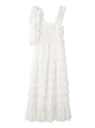 Ruffled Smocked Boho Maxi Dress in DOT, Luxury Women's Dresses at SNIDEL USA.