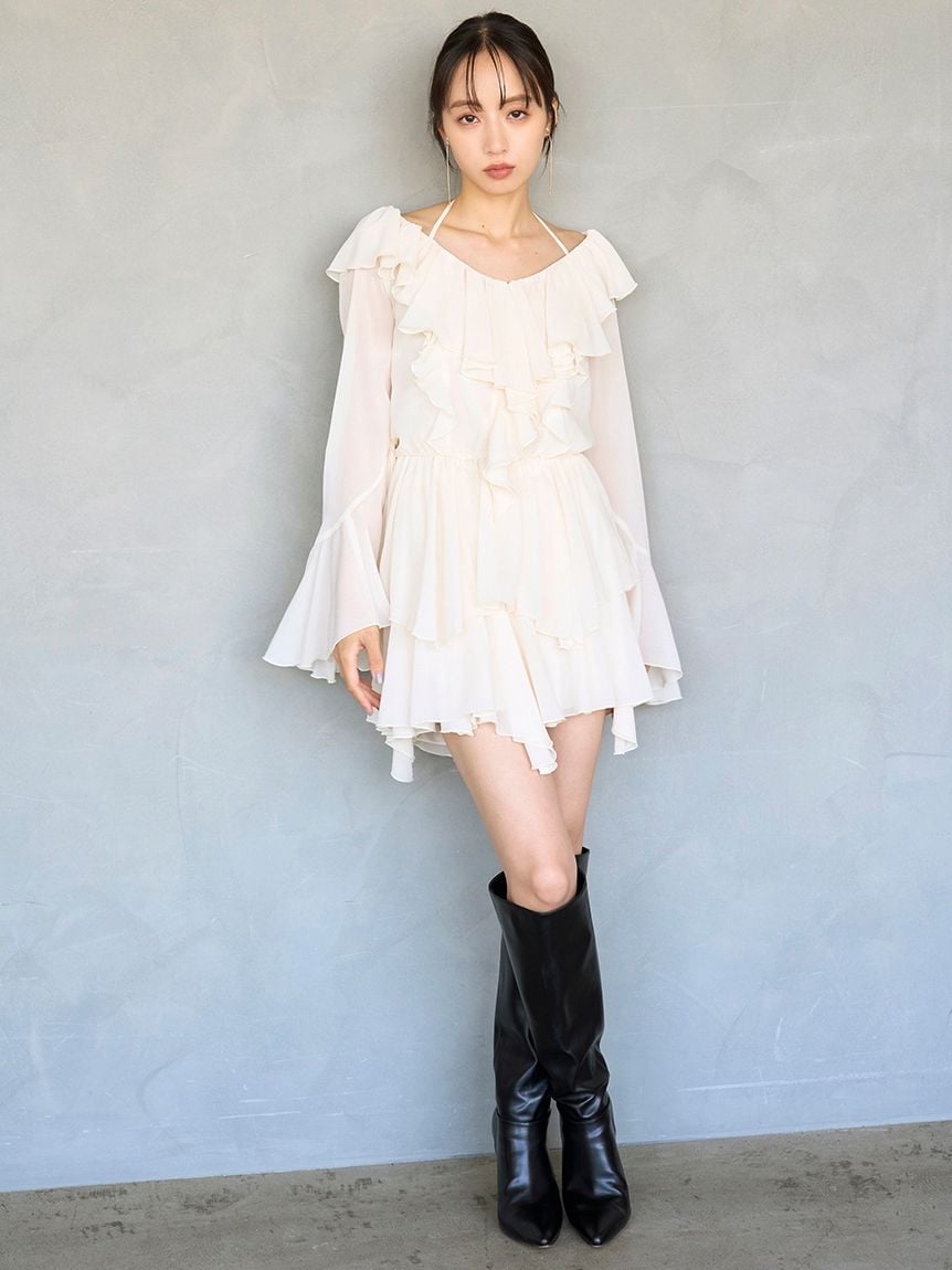chiffon combo dress Button Up Long Sleeve Chiffon Collar, Darlington Shirt Mini Dress in Brown, Size M, For Brunch