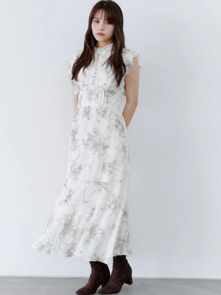 Lace-Trimmed Printed Pleated Dress