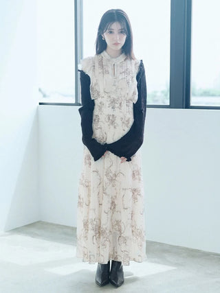 Lace-Trimmed Printed Pleated Dress