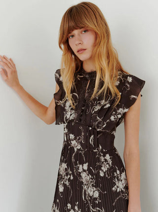 Lace-Trimmed Printed Pleated Dress