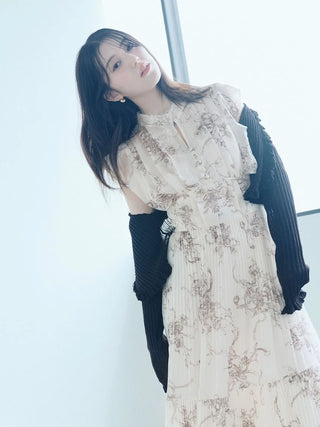 Lace-Trimmed Printed Pleated Dress