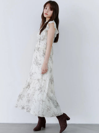 Lace-Trimmed Printed Pleated Dress