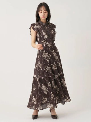 Lace-Trimmed Printed Pleated Dress