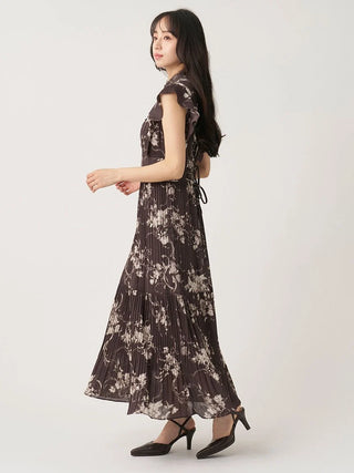 Lace-Trimmed Printed Pleated Dress