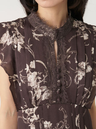 Lace-Trimmed Printed Pleated Dress