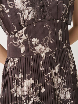 Lace-Trimmed Printed Pleated Dress