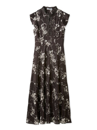 Lace-Trimmed Printed Pleated Dress