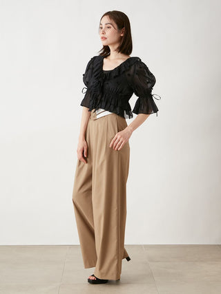 Wide-leg Pants With Contrast Double Waist Detail in Beige, Premium Fashionable Women's Pants at SNIDEL USA.
