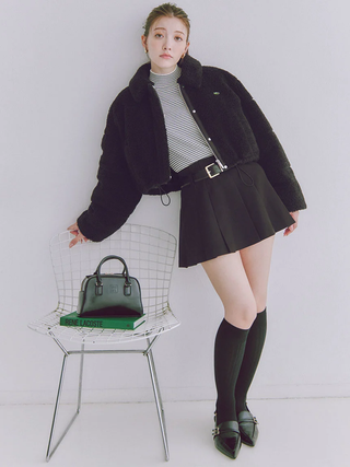 Belted Pleated Mini Skirt in Black, Premium Fashionable Women's Skirts & Skorts at SNIDEL USA