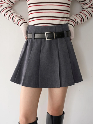 Belted Pleated Mini Skirt in Gray, Premium Fashionable Women's Skirts & Skorts at SNIDEL USA