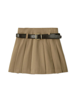 Belted Pleated Mini Skirt in Beige, Premium Fashionable Women's Skirts & Skorts at SNIDEL USA