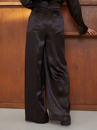 Sustainable Acetate Wide Leg Pleated Satin Pants in Black, Premium Fashionable Women's Pants at SNIDEL USA