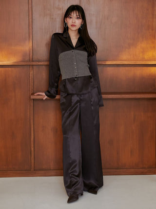 Sustainable Acetate Wide Leg Pleated Satin Pants in Black, Premium Fashionable Women's Pants at SNIDEL USA