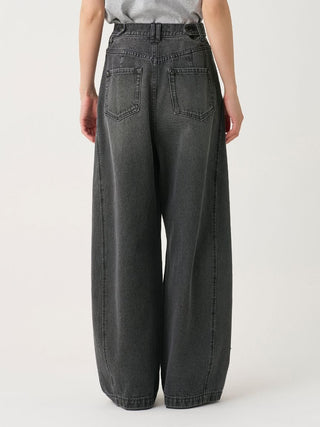 A person shown from the back wearing dark gray wide-leg jeans with a faded wash, photographed against a plain light studio background.