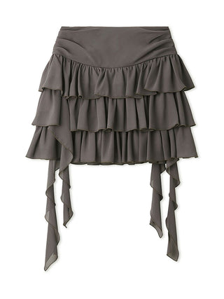 Front view of the gray SNIDEL Twist Frill Mini Skort with three ruffled tiers and cascading side frills.