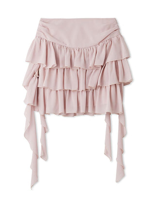 Front view of the pink SNIDEL Twist Frill Mini Skort with layered ruffles and long twisted side frills.
