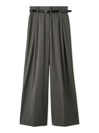Front view of the gray SNIDEL Belted Tuck Pants with a slim black belt, front pleats and wide legs.