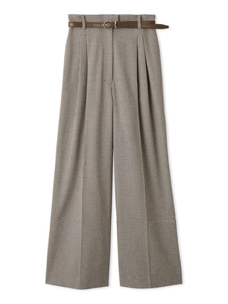 Front view of the checked SNIDEL Belted Tuck Pants with a brown belt, front pleats and pressed creases.