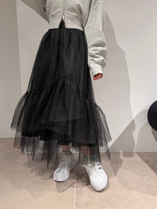 Tulle Ruffles Midi Skirt in black, Premium Fashionable Women's Skirts & Skorts at SNIDEL USA.