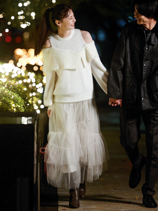 Tulle Ruffles Midi Skirt in ivory, Premium Fashionable Women's Skirts & Skorts at SNIDEL USA.