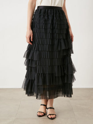 Asymmetrical Pleated Tulle Maxi Skirt in Black, Premium Fashionable Women's Skirts & Skorts at SNIDEL USA.