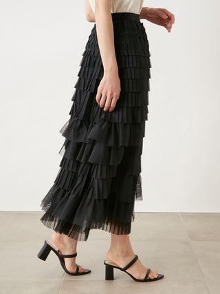 Asymmetrical Pleated Tulle Maxi Skirt in Black, Premium Fashionable Women's Skirts & Skorts at SNIDEL USA.