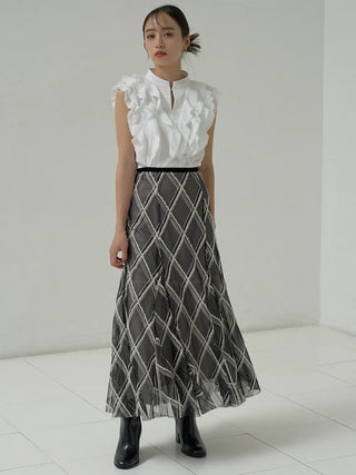 Layered Tulle Plaid Maxi Skirt in BLACK, Premium Fashionable Women's Skirts & Skorts at SNIDEL USA.