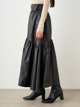 Woman in Black  Belted Gathered Flare Skirt Side View