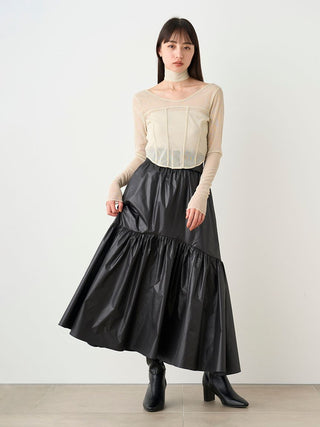 Woman in Belted Gathered Flare Skirt Front View