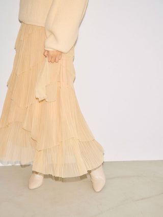 Pleated Tiered Tulle Midi Skirt Orange, Premium Fashionable Women's Skirts & Skorts at SNIDEL USA